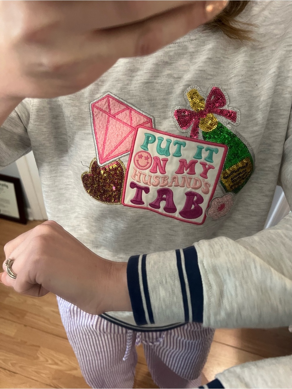 Simply Southern Light Gray Sweatshirt with Pink, Green & Gold Sequin Patch - Picture 5 of 7